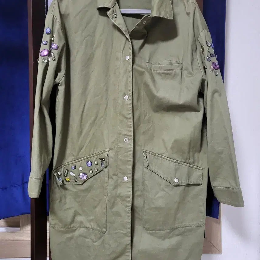[BUNJANG] ZARA TRF Women's Khaki Beaded Long Field Jacket S / 자라 ZARA TRF 여성 카키 비주 장식 롱 야상 자켓 S