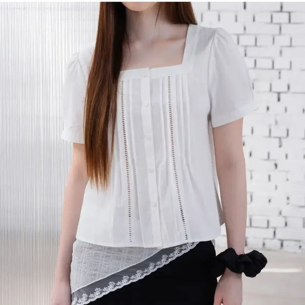 [BUNJANG] Square Neck Pintuck Short Sleeve Blouse - White / 스퀘어넥 핀턱 반팔 블라우스 화이트
