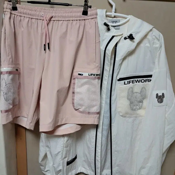 [BUNJANG] Life Work Unisex Mesh Pocket Washer Hooded Jacket and Double Mesh Pocket Short Pants Set / 정품 라이프워크 공용 메쉬포켓 와샤 후드 자켓과 더블 메쉬포켓 숏팬츠 세트 상의 M(아이보리) 허의L(핑크)