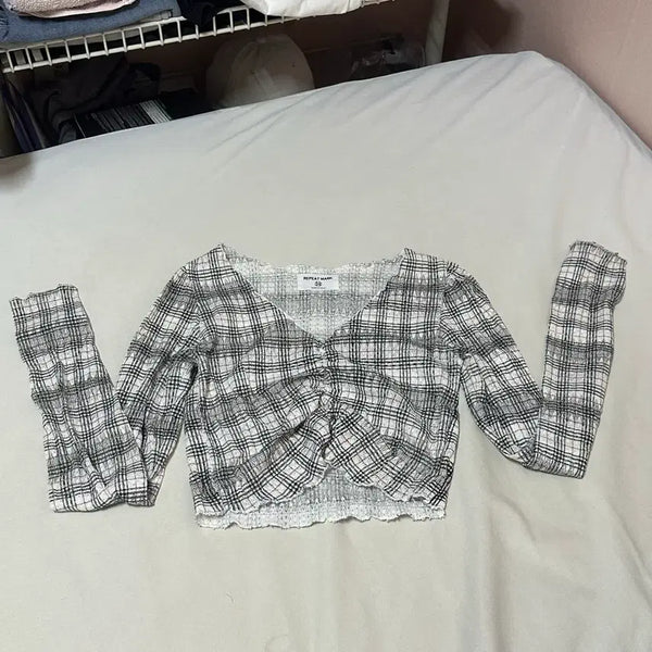 [BUNJANG] V-Neck Long Sleeve Bustier - Check / (새상품)브이넥 긴팔 뷔스티에