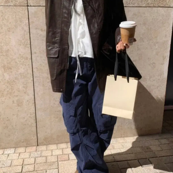[BUNJANG] Unisex One Size Eco-Leather Cocoon Coat - Brown / 레더 카코트