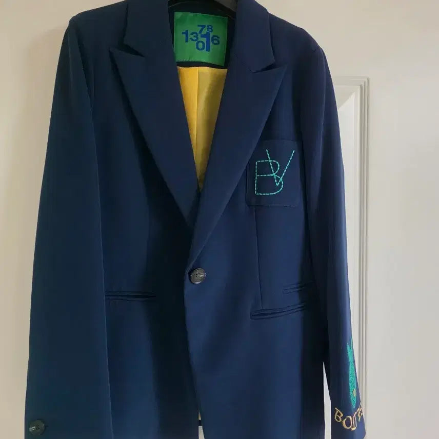 [BUNJANG] Botte Navy Jacket with Yellow Lining and Embroidered Details / 보테 네이비 재킷 옐로우 안감 자수 디테일
