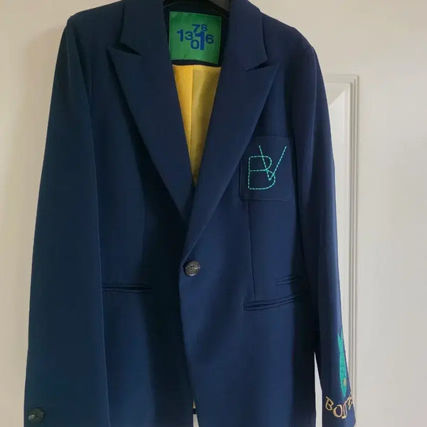 [BUNJANG] Botte Navy Jacket with Yellow Lining and Embroidered Details / 보테 네이비 재킷 옐로우 안감 자수 디테일