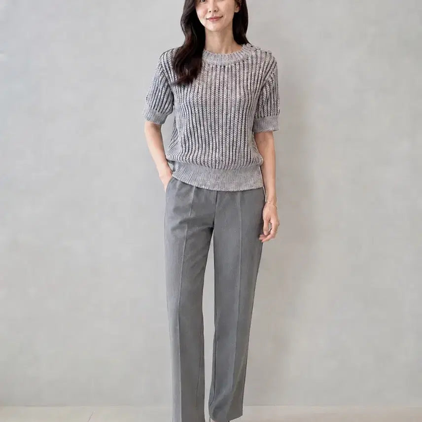 [BUNJANG] Michaa Metallic Sheer Short-Sleeve Knit Top Silver / 22년 미샤 MICHAA 이태리원단 메탈릭 시스루 반팔 니트 실버 (드라이완료)