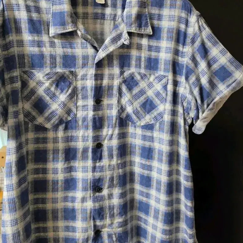 [BUNJANG] RRL 26 Summer Blue Check Open Collar Half Sleeve Shirt XL / [XL] RRL 26 Summer 블루 체크 오픈카라 하프 셔츠