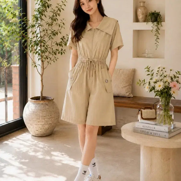 [BUNJANG] Beige Short Sleeve Collared Jumpsuit / 베이지 반팔 카라 점프수트