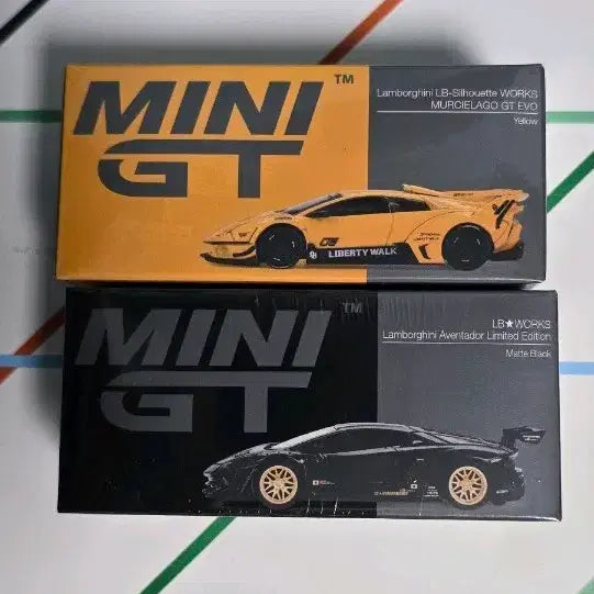 [BUNJANG] Minizity Lamborghini Murciélago GT Evo (Yellow) & Aventador Limited Edition (Matte Black) Set / 미니지티 1135,1087