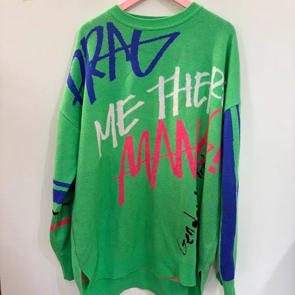 [BUNJANG] MAN.G Graffiti Knit Sweater Green / 만지 그린색상 그래피티 니트 스웨터