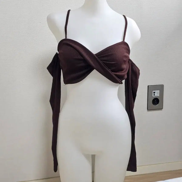 [BUNJANG] Vintage Bohemian Brown Off-the-Shoulder Wrap Long Sleeve Crop Top / 빈티지 보헤미안 브라운 오프숄더 랩 긴팔 크롭탑 수영복 비키니st