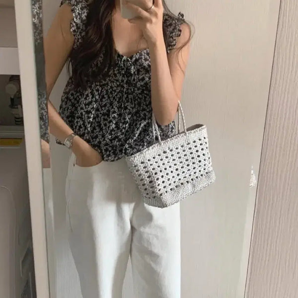 [BUNJANG] Liter Flor Blouse Sleeveless Ruffle Chiffon Ribbon / liter 리터 플로르 블라우스 플라워 잔꽃 민소매 프릴 쉬폰 리본 bl