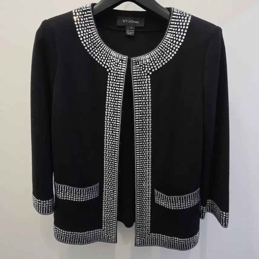 [BUNJANG] ST. JOHN Black Crystal Embellished Knit Cardigan Jacket / 세인트존 블랙 크리스탈 장식 가디건