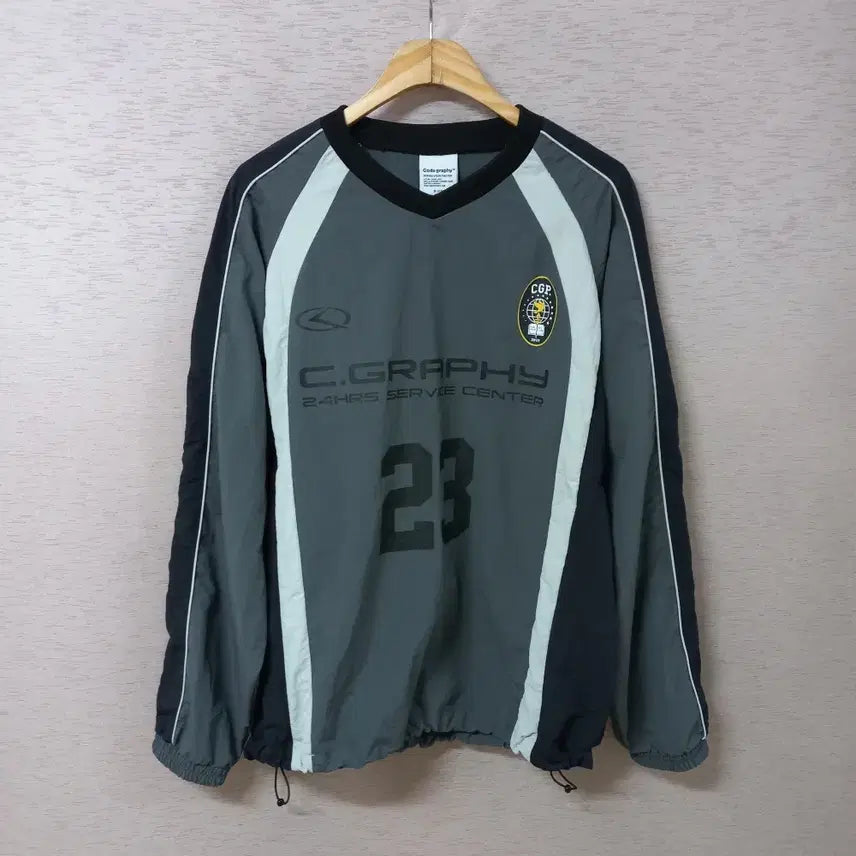 [BUNJANG] Code Graphy Grey String Hem Printed Windbreaker Top / B8-21/코드그라피 밑단스트링 그레이 프린트 바람막이티 봄가을 남성