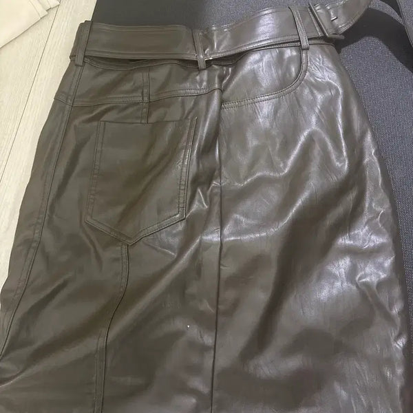 [BUNJANG] Matinkim Leather Skirt Brown / 통통 튀는 가죽 스커트 브라운