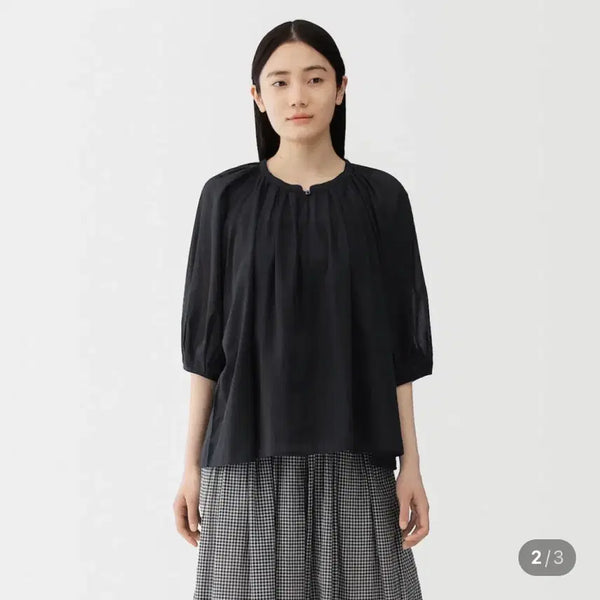 [BUNJANG] MUJI Cotton Sheer Short Sleeve Blouse Black / 무인양품 무지 강연 코튼 시어 반소매 블라우스 블랙