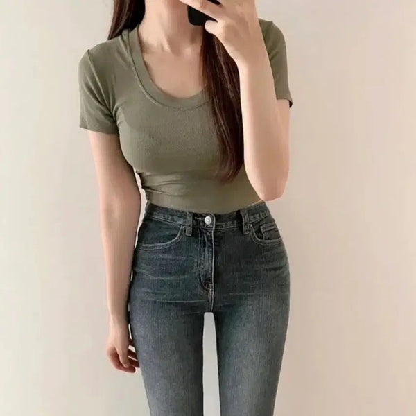 [BUNJANG] Ribbed Round Neck Short Sleeve Cropped T-Shirt / (새상품 카키,아이보리) 골지 라운드넥 반팔 크롭티셔츠