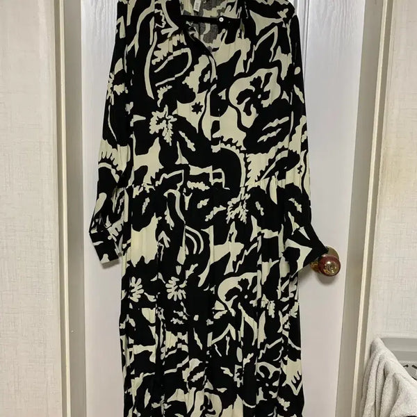 [BUNJANG] Black & White Flower Pattern Long Dress / 블랙앤화이트 플라워 패턴 롱 원피스