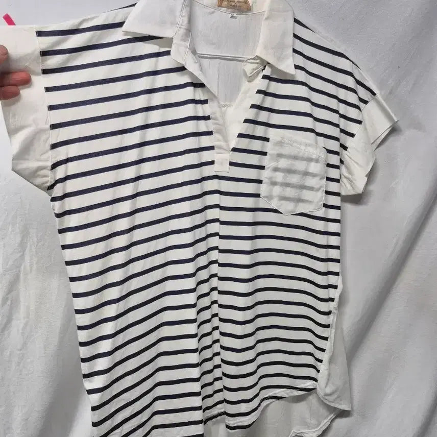 [BUNJANG] Striped Collar Short Sleeve T-Shirt - Size L / 단가라 카라 반팔 티셔츠L