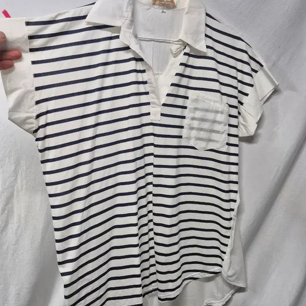 [BUNJANG] Striped Collar Short Sleeve T-Shirt - Size L / 단가라 카라 반팔 티셔츠L
