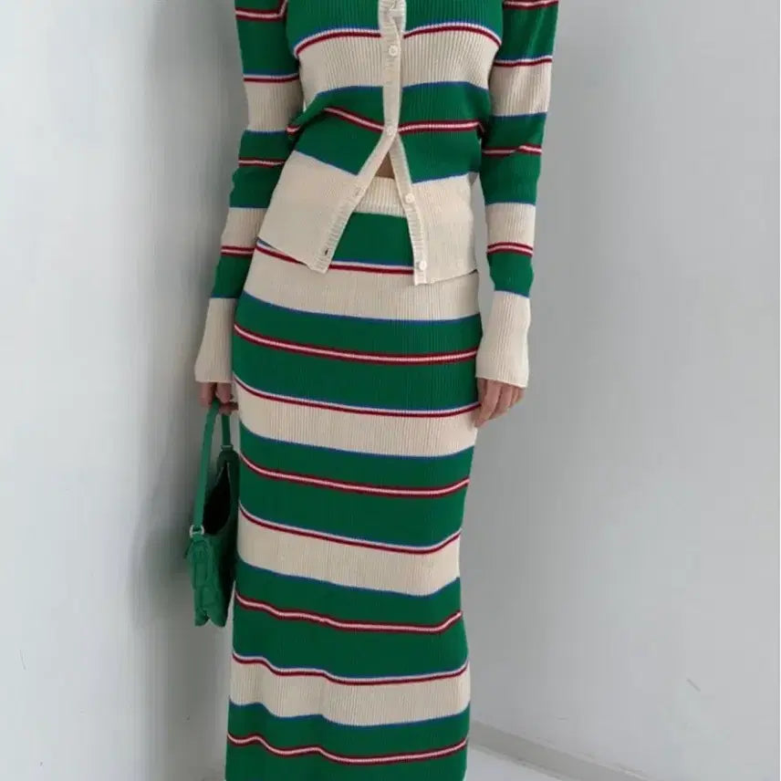 [BUNJANG] Striped Knit Cardigan and Skirt Set / 단가라 가디건 스커트 세트