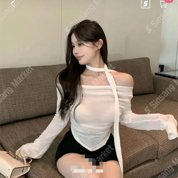 [BUNJANG] Tie Off-Shoulder Long Sleeve T-Shirt - Imported Clothing / (새상품) 타이 오프숄더 티셔츠 수입의류
