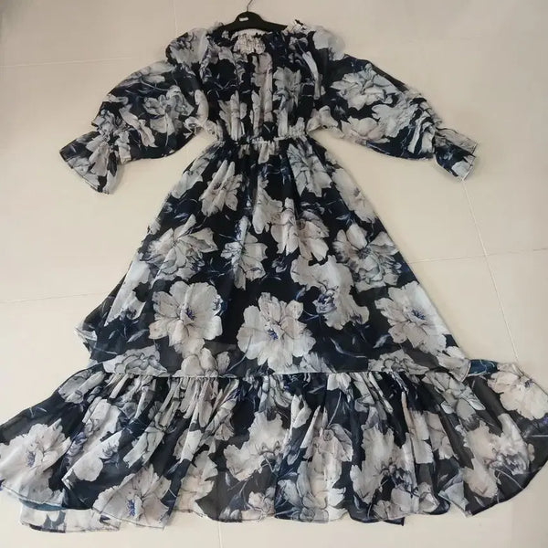 [BUNJANG] Imvely Chiffon Flower Frill Long Dress / 임블리 쉬폰 플라워 프릴 롱원피스