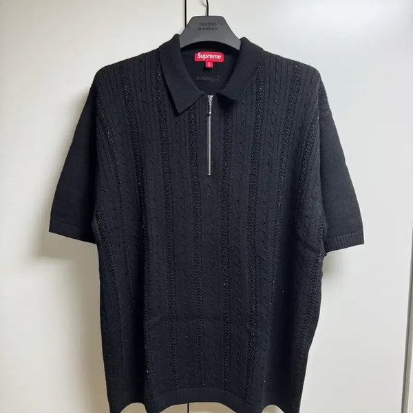 [BUNJANG] Supreme Beaded Zip Short Sleeve Polo Sweater Black / 슈프림 비디드 집 숏슬리브 폴로 스웨터 블랙 - 26SS