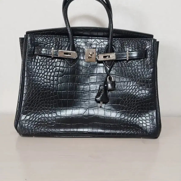 [BUNJANG] Black Crocodile Texture Leather Tote Bag / 블랙 크로커다일 텍스처 가죽 토트백