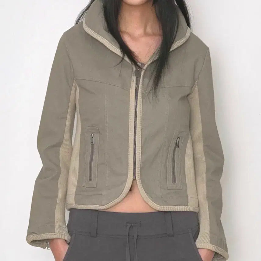 [BUNJANG] Colorblock Ribbed Zip-Up Jacket Beige / 비데블 배색 시보리 집업 자켓 베이지