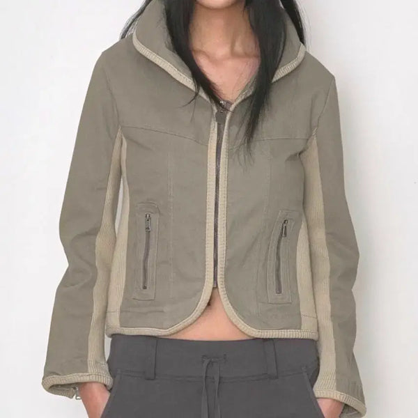 [BUNJANG] Colorblock Ribbed Zip-Up Jacket Beige / 비데블 배색 시보리 집업 자켓 베이지