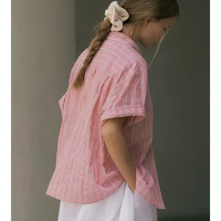 [BUNJANG] A/C White Organic Half Pink Stripe Shirt / 아쎄르 오가닉 하프 핑크 스트라이프 셔츠