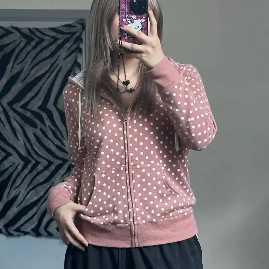 [BUNJANG] Vintage Dot Pink Hoodie Zip-up / 빈티지 도트 핑크 후드집업 갸루 모리걸