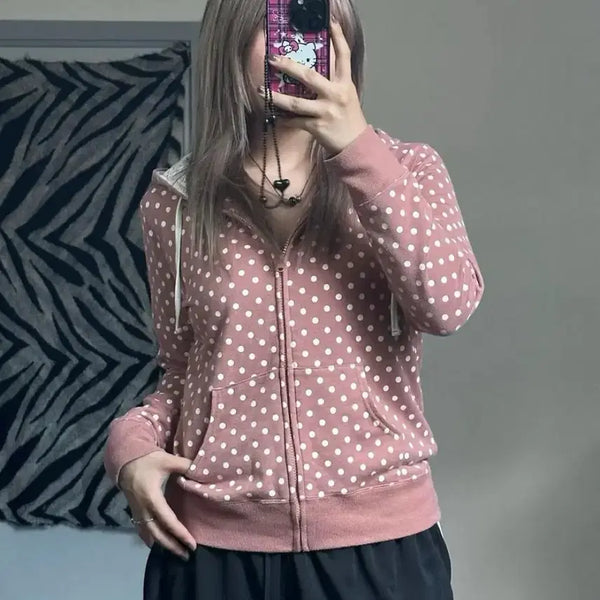 [BUNJANG] Vintage Dot Pink Hoodie Zip-up / 빈티지 도트 핑크 후드집업 갸루 모리걸