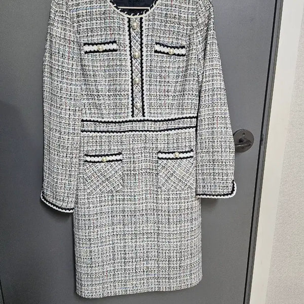 [BUNJANG] Contrast Pearl Button Tweed Dress / 트위드 원피스 배색 진주 버튼 폼42  총장90.5