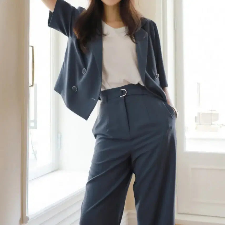 [BUNJANG] Dark Blue Puff Sleeve Jacket & Belted Wide-Leg Slacks Set - Free/S (55-66) / 고급 셋업(새것)