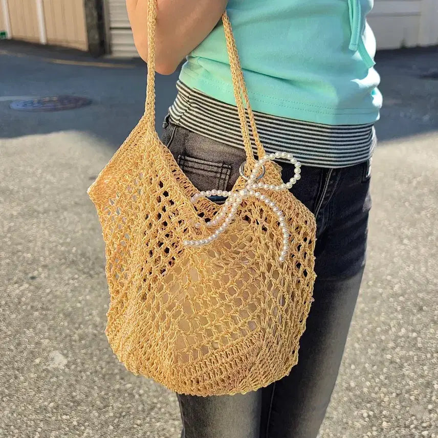 [BUNJANG] Aurora Yellow Knit Net Bag / (인기!!)반짝이는 오로라옐로 뜨개네트백 가방 여름백