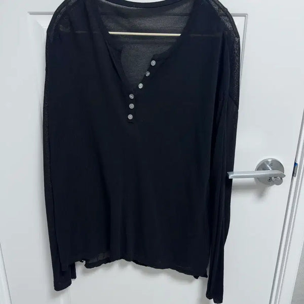 [BUNJANG] Black Henry Neck See-through Long Sleeve / 블랙 헨리넥 시스루 롱슬리브
