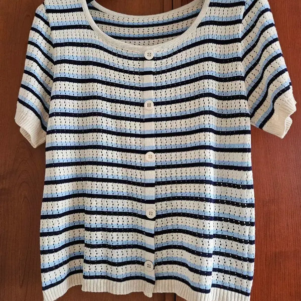 [BUNJANG] High-Quality Button Detail Striped Knit Top / 고급단추포인트단가라 니트 44~55