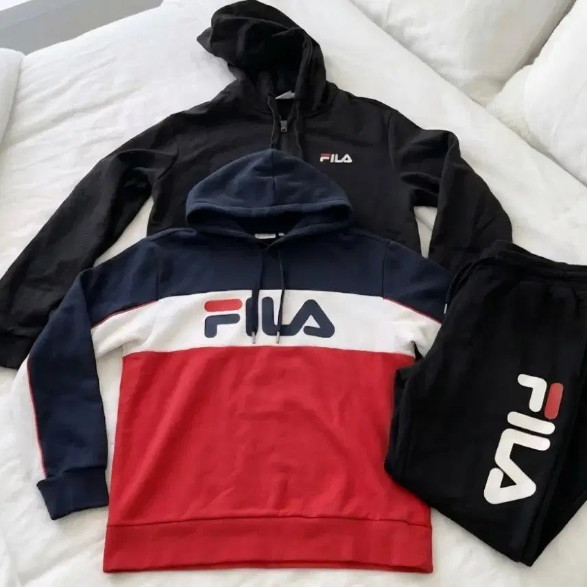 [BUNJANG] Fila Authentic Full Zip Hoodie & Training Set - Black (2 Tops) / 휠라 정품 풀집업 후드  블랙 트레이닝복 세트 상의2벌