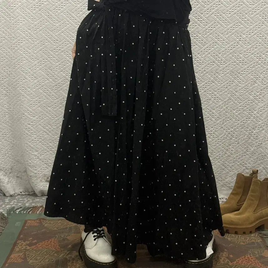 [BUNJANG] Vintage Japan Dot Pleats Ribbon Belted Long Skirt / 빈티지 재팬 도트 플리츠 리본 벨티드 롱스커트 K0625