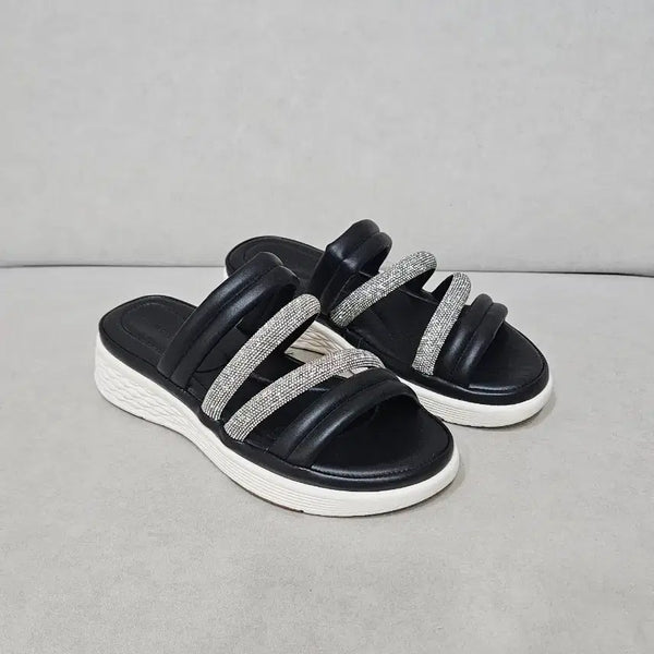 [BUNJANG] Genuine Leather Cubic Embellished Ultra-Lightweight Slippers (Black, Size 230) / 새상품 소가죽 큐빅장식 초경량 슬리퍼 230