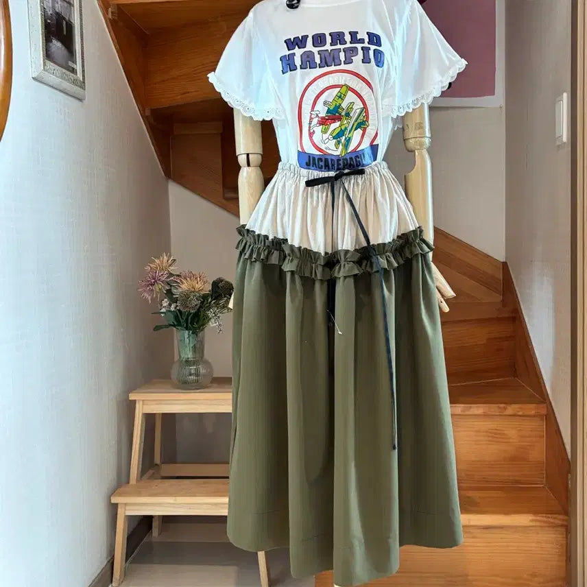 [BUNJANG] Khaki Frill Long Skirt / 카키 프릴 믹스.스커트