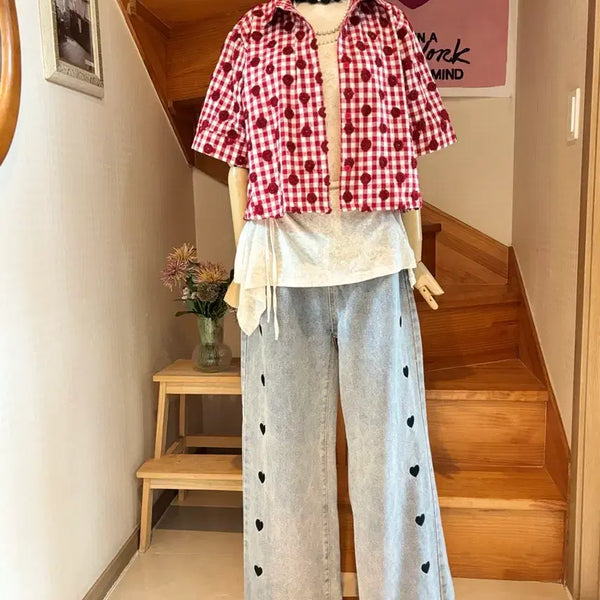 [BUNJANG] Checkered Floral Embroidered Short Sleeve Cropped Shirt / 체크무늬 셔츠 플라워
