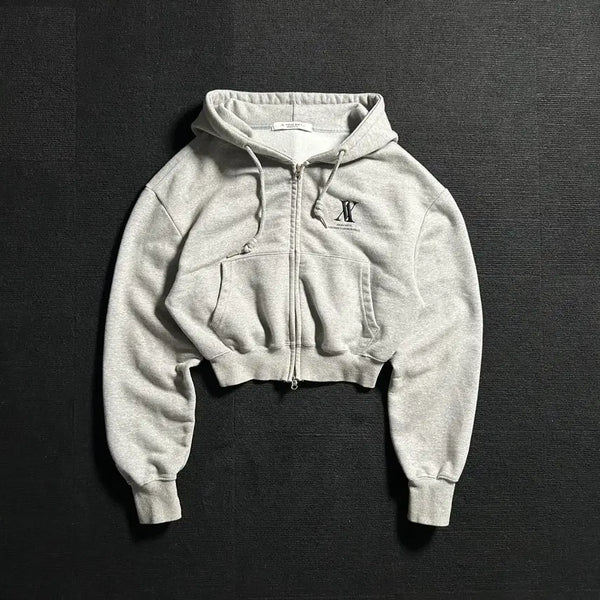 [BUNJANG] Vivacious Grey Embroidered Logo Cropped Hooded Zip-Up / 비바셔스 그레이 자수로고 크롭 후드집업