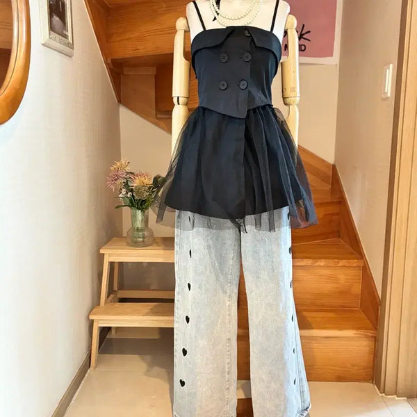 [BUNJANG] Black Bustier Vest Double Button See-Through Detail / 블랙 뷔스티에