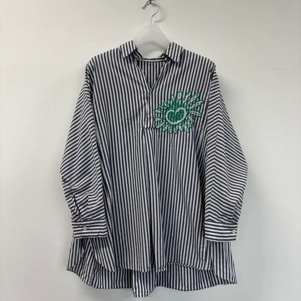 [BUNJANG] Green Floral Embroidered Striped Blouse (Size 55-88) / 스트라이프 그린 꽃 자수 블라우스 55-88 ㅡ0821