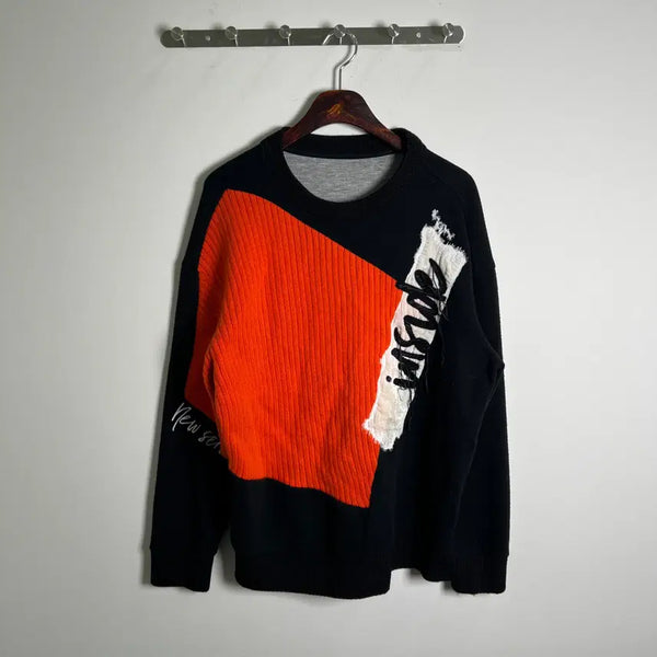 [BUNJANG] System Homme Lettering Embroidered Patch Diagonal Color Block Knit Sweater / system 시스템 옴므 레터링 자수 패치 사선 배색 니트 스웨터 95