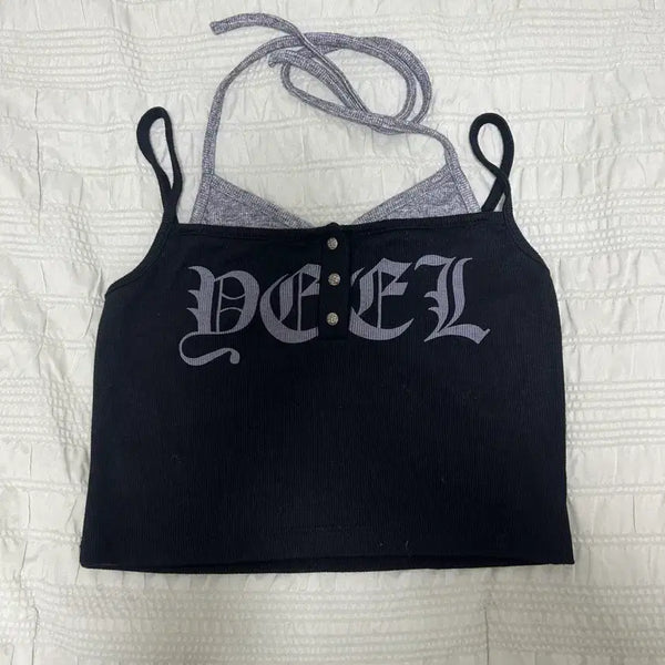 [BUNJANG] Leey Logo Halter Rivet Sleeveless Top Black / Leey LOGO HALTER RIVET SLEEVELESS BLACK