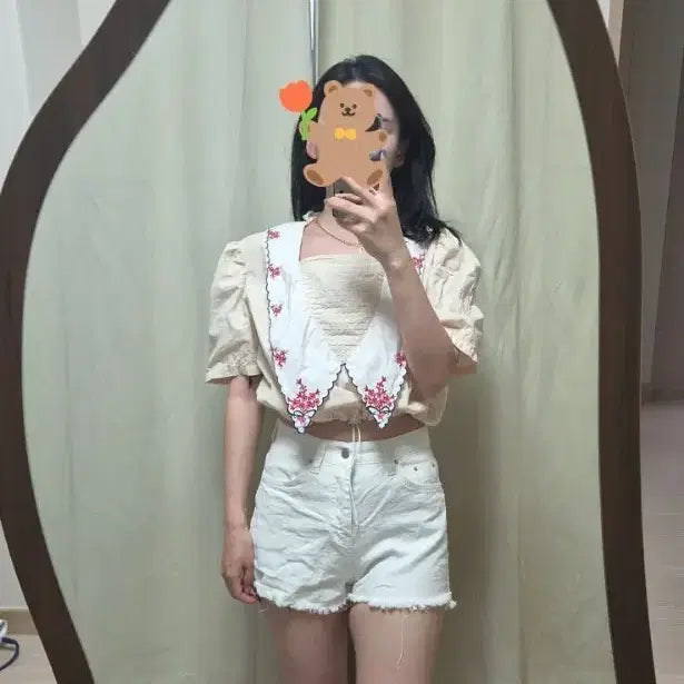 [BUNJANG] Printing Collar Short Sleeve Blouse / 프린팅 카라 반팔 블라우스