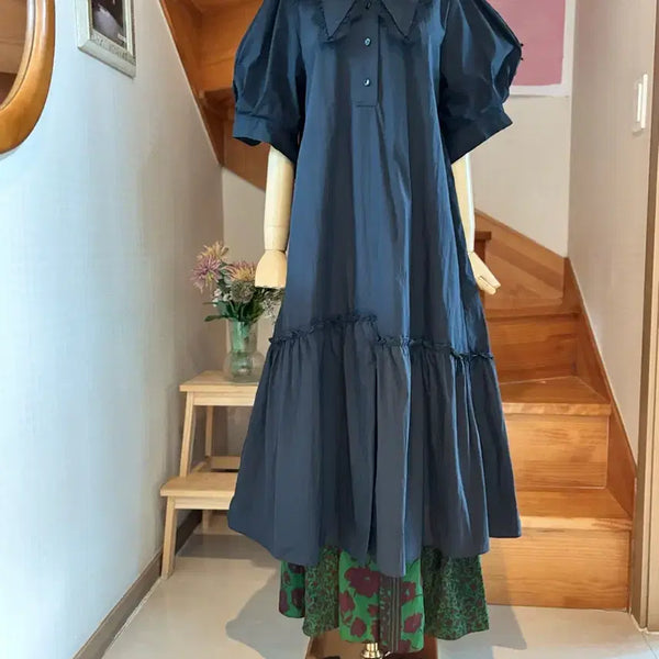 [BUNJANG] Women's Black Puff Sleeve Ruffle Long Dress / 여성 블랙 퍼프소매 프릴 원피스
