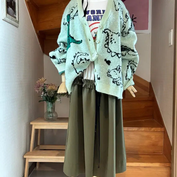 [BUNJANG] Dinosaur Pattern V-Neck Cardigan Mint / 공룡 패턴 브이넥 가디건 민트